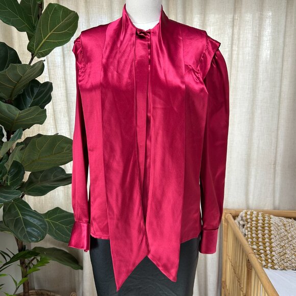 Vintage 80s Calvin Klein 100% Silk Bow Blouse Hong Kong Era – Fuchsia Women's 10 - Picture 5 of 13